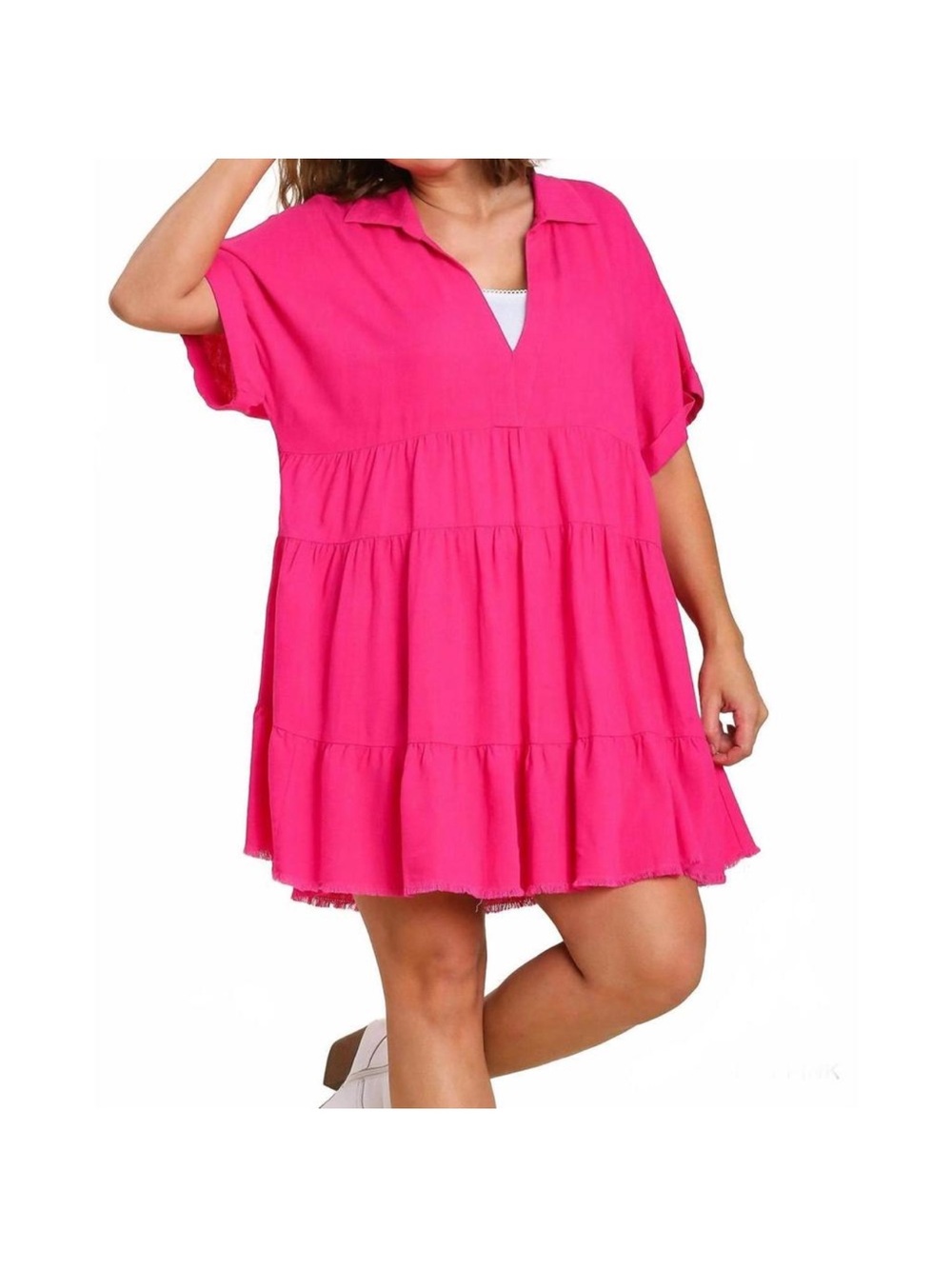 Umgee 1XL Pink Tiered Collared Dress